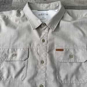 Orvis Shirt Mens 2XL Beige Performance Short Sleeve Button Up Mesh Neck Fishing
